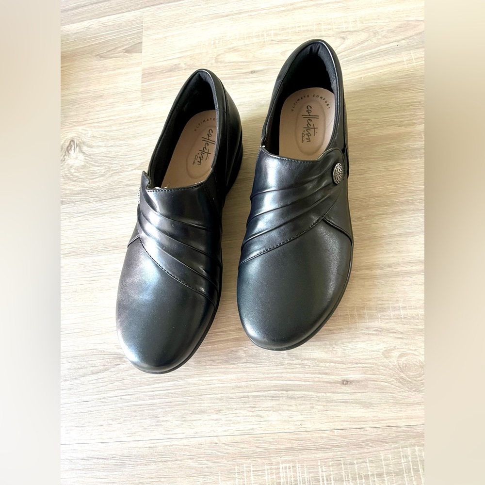 New Clarks Hope Roxanne Black Leather Slip-On Wedge Shoes 9W